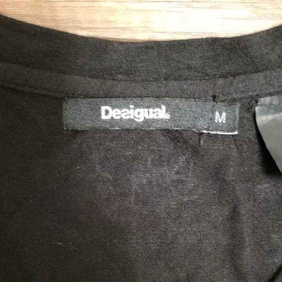 EUC Desigual Black V-Neck Top with Multicolor Floral Bell-Sleeves - Picture 2 of 6